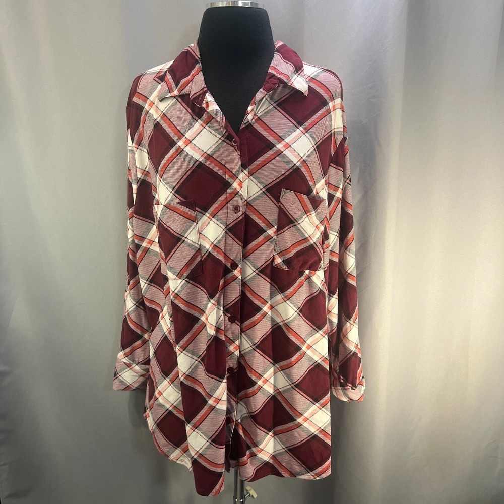 No Comment Shirt Womens 3X Plus Multi Plaid Roll Tab Sleeve Stretch Button‎ Up